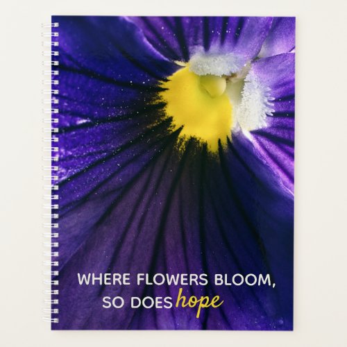 Inspirational purple pansy macro photograph modern planner