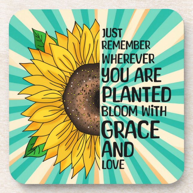 Inspirational Quote and Hand Drawn Sunflower Beverage Coaster (Front)