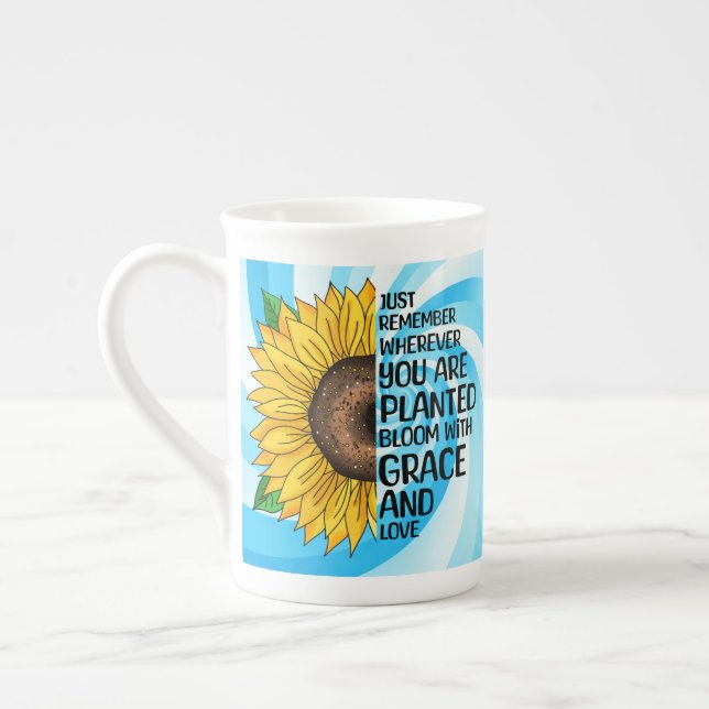Inspirational Quote and Hand Drawn Sunflower Bone China Mug (Left)