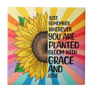 Inspirational Quote and Hand Drawn Sunflower Ceramic Tile