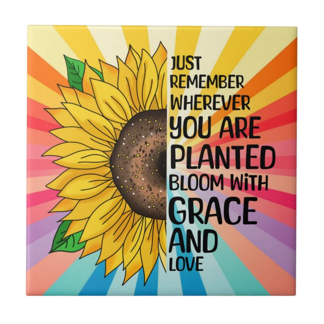 Inspirational Quote and Hand Drawn Sunflower Ceramic Tile (Front)