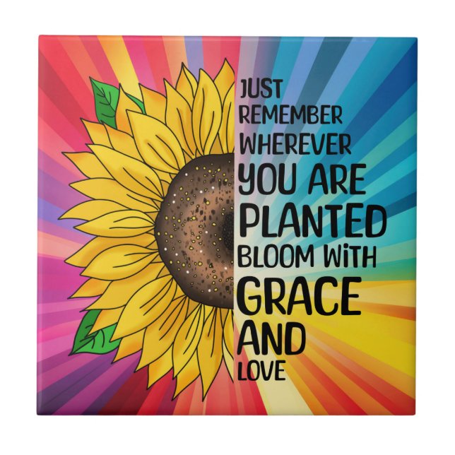 Inspirational Quote and Hand Drawn Sunflower Ceramic Tile (Front)