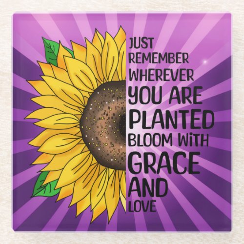 Inspirational Quote and Hand Drawn Sunflower Glass Coaster