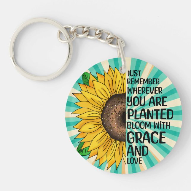 Inspirational Quote and Hand Drawn Sunflower Keychain (Front)