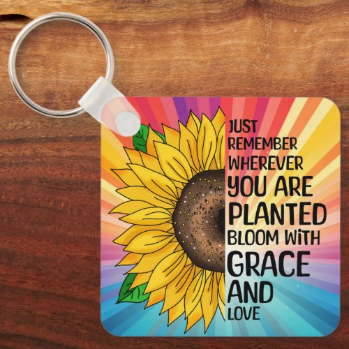 Inspirational Quote and Hand Drawn Sunflower Keychain