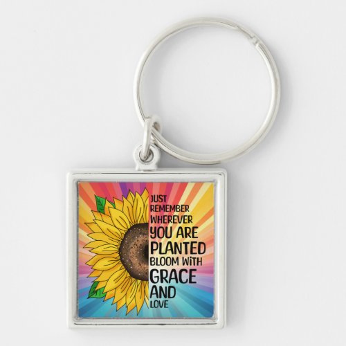 Inspirational Quote and Hand Drawn Sunflower Keychain