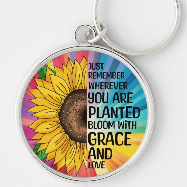 Inspirational Quote and Hand Drawn Sunflower Keychain (Front)
