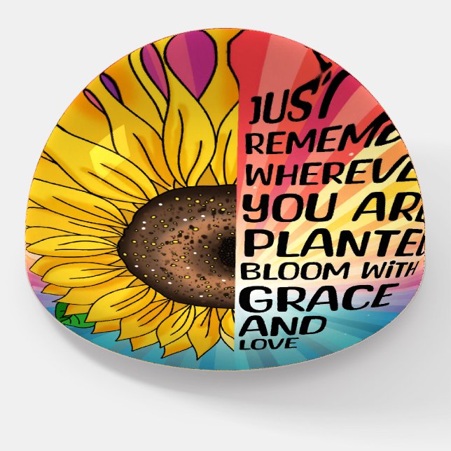 Inspirational Quote and Hand Drawn Sunflower Paperweight (Angled)