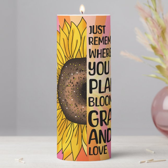 Inspirational Quote and Hand Drawn Sunflower Pillar Candle (In Situ)