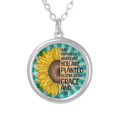 Inspirational Quote and Hand Drawn Sunflower Silver Plated Necklace