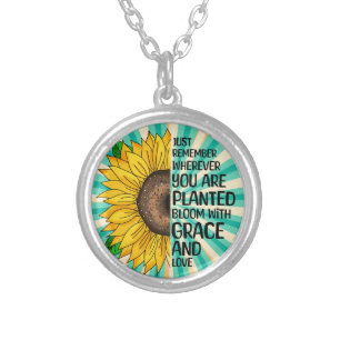 Inspirational Quote and Hand Drawn Sunflower Silver Plated Necklace