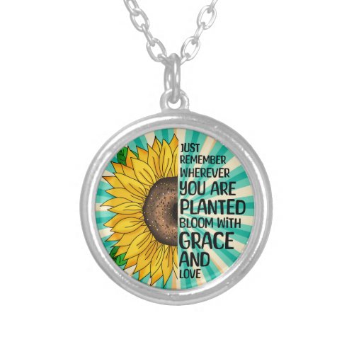 Inspirational Quote and Hand Drawn Sunflower Silver Plated Necklace