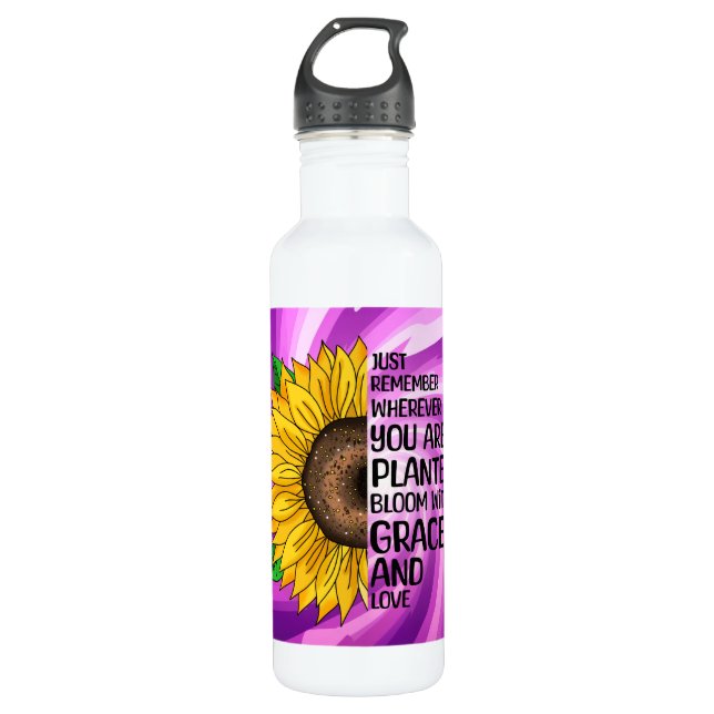 Inspirational Quote and Hand Drawn Sunflower Stainless Steel Water Bottle (Front)