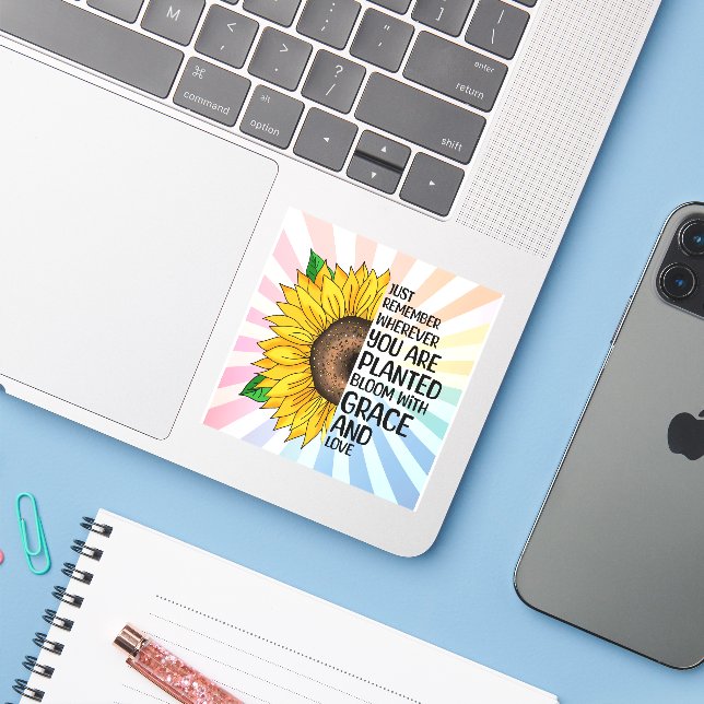 Inspirational Quote and Hand Drawn Sunflower Sticker (Laptop w/ iPhone)