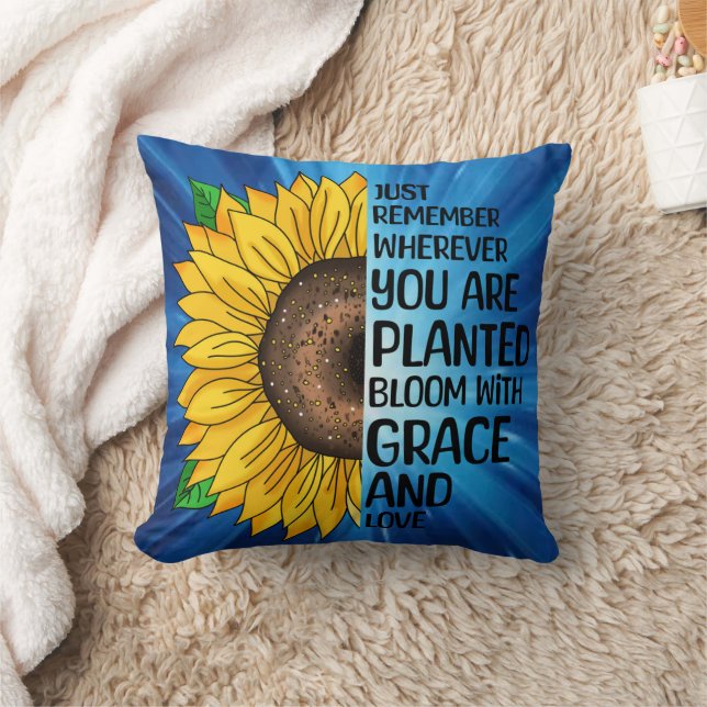 Inspirational Quote and Hand Drawn Sunflower Throw Pillow (Blanket)