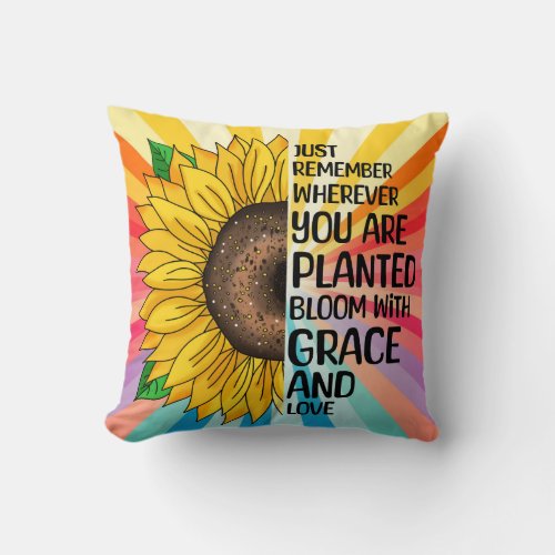 Inspirational Quote and Hand Drawn Sunflower Throw Pillow