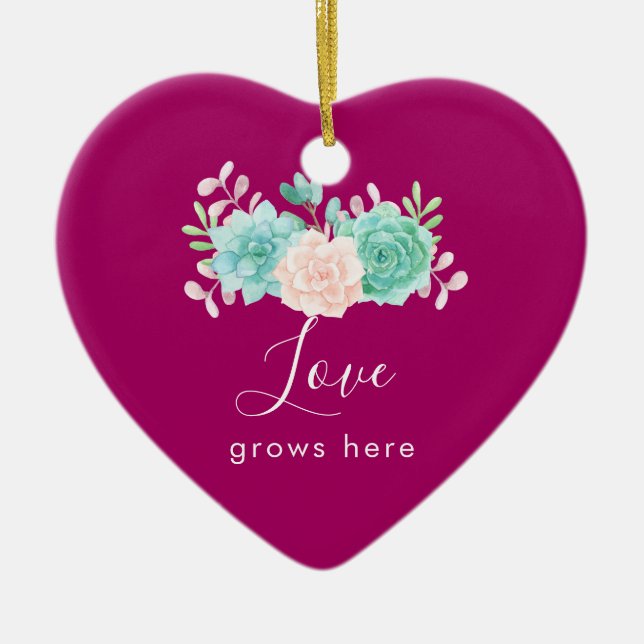 Inspirational Quote Love Grows Here Floral Bouquet Ceramic Ornament (Front)
