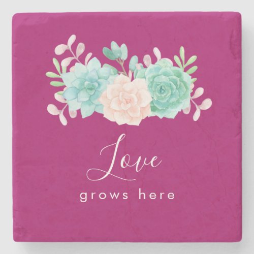 Inspirational Quote Love Grows Here Floral Bouquet Stone Coaster