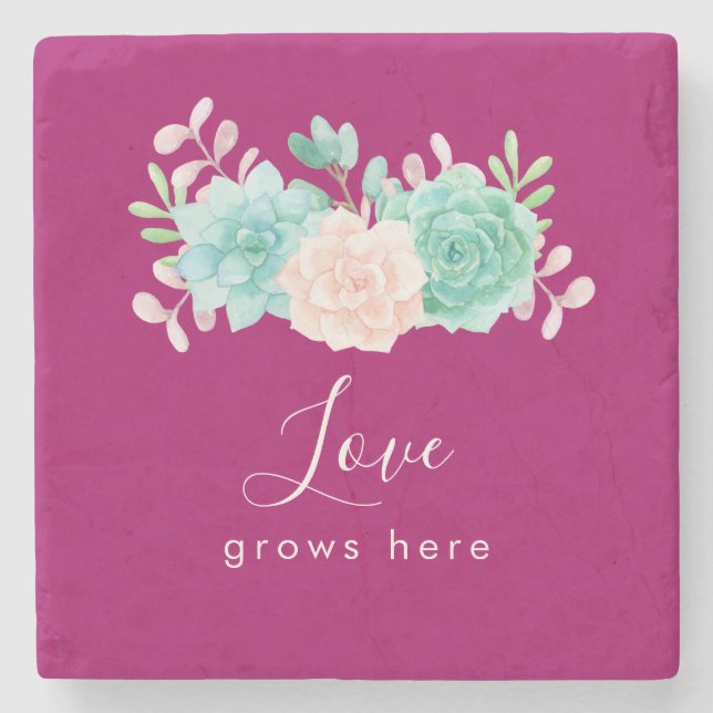 Inspirational Quote Love Grows Here Floral Bouquet Stone Coaster (Front)