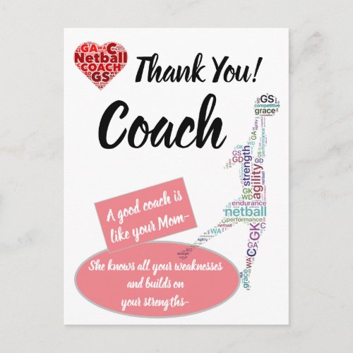 Inspirational Quote Netball Coach Thank You Postcard