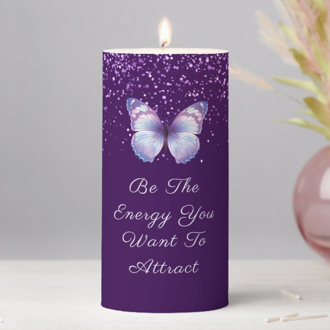 Inspirational Quote purple glitters butterfly chic Pillar Candle (In Situ)
