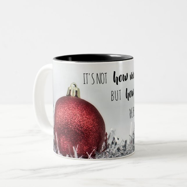 Inspirational quote w/ red glitter Christmas ball Two-Tone Coffee Mug (Front Left)