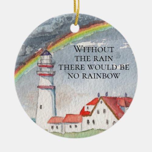 Inspirational Red and White Lighthouse and Rainbow Ceramic Ornament