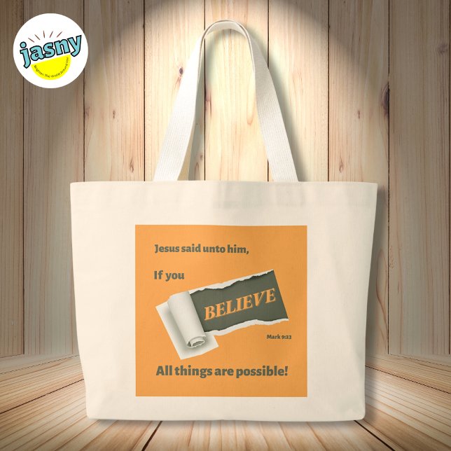 Inspirational Scripture Believe Mark 9:23 Orange Large Tote Bag (Creator Uploaded)