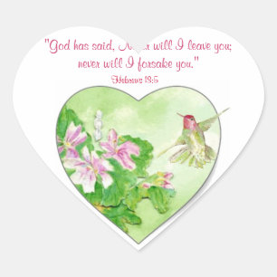 Inspirational Scripture Hebrews 13:5, Hummingbird Heart Sticker