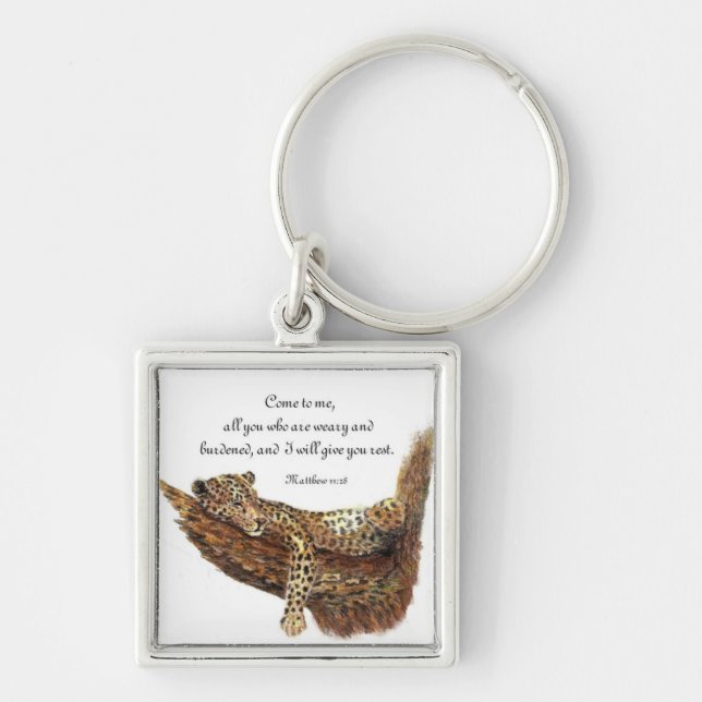Inspirational, Scripture, Matthew 11:28, Leopard Keychain (Front)