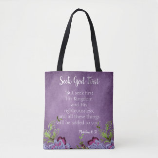 Inspirational Seek God First Purple Floral Tote Bag