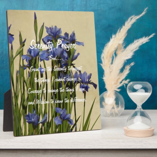 Inspirational Serenity Prayer Blue Irises Floral Plaque