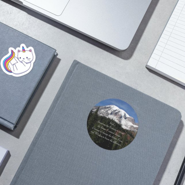 Inspirational Serenity Prayer Mount Rainier Photo Classic Round Sticker (In Situ)