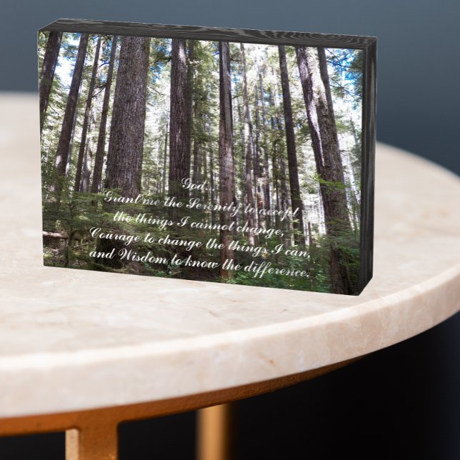 Inspirational Serenity Prayer Sunlit Forest Wooden Box Sign (In Situ Table)