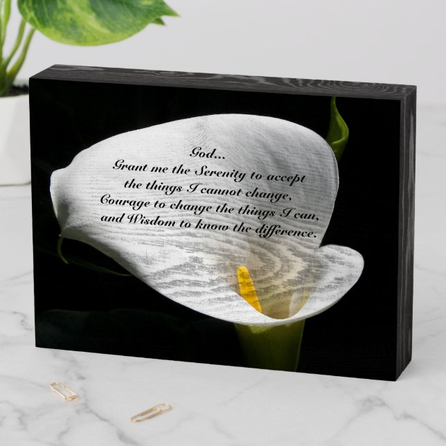 Inspirational Serenity Prayer White Calla Lily Wooden Box Sign (In Situ Horizontal)
