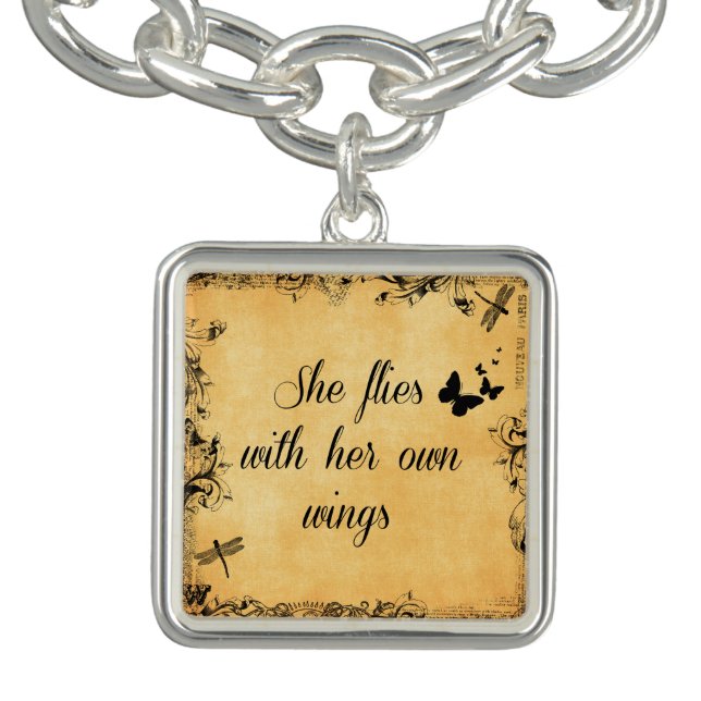 Inspirational She Flies with her own Wings Quote Charm Bracelet (Design)