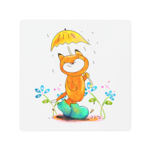 Inspirational Spring Fox with Umbrella Metal Print