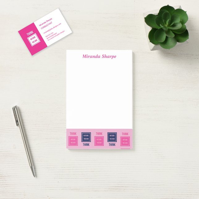 Inspirational think outside the box pink post-it notes (Post-it Notes and co-ordinating business card)