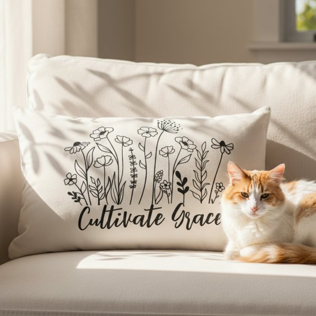 Inspirational Throw Pillow - Cultivate Grace Flora (Inspirational black line art wildflower pillow)