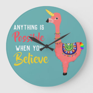 Inspirational Unicorn Flamingo Llama Believe Quote Large Clock