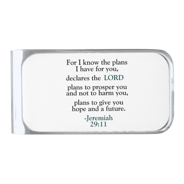 Inspirational Verse Jeremiah 29:11 Silver Finish Money Clip (Front)