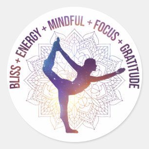 Inspirational words for gratitude yoga pose blue classic round sticker