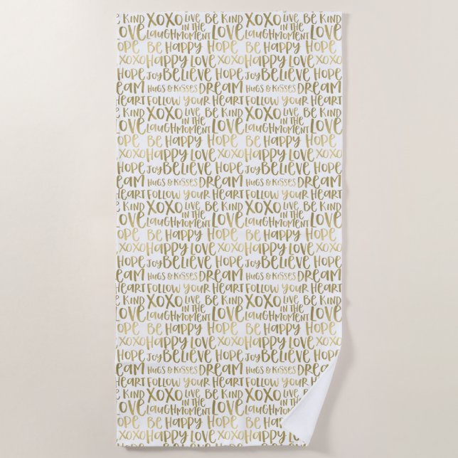 Inspirational Words Gold and White Beach Towel (Front)