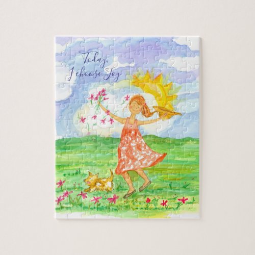 Inspirational Words Happy Girl Dog Flower Meadow Jigsaw Puzzle