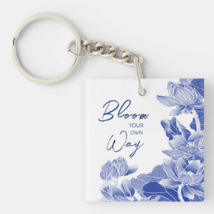 Inspirational Zen Quote Blue Flowers Lotus Mandala Keychain