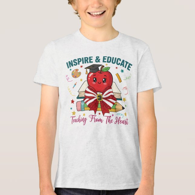 "Inspire & Educate Teacher T-Shirt – Cute Apple Tri-Blend Shirt (Front)