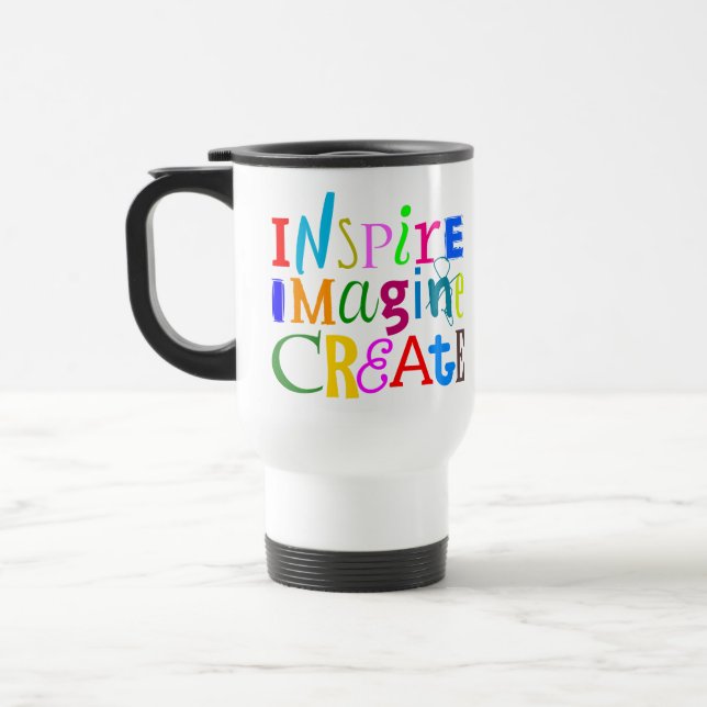 Inspire, Imagine, Create – Motivational Travel Mug (Left)