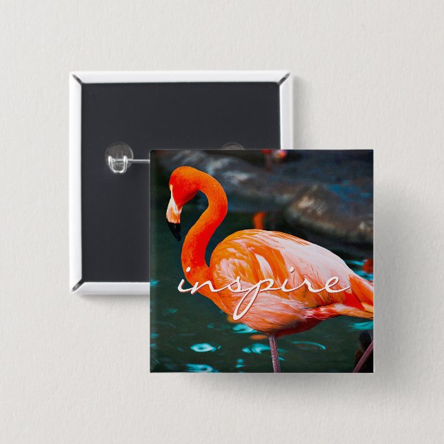Inspire Script Pink Flamingo Photo Modern Stylish Pinback Button (Front & Back)