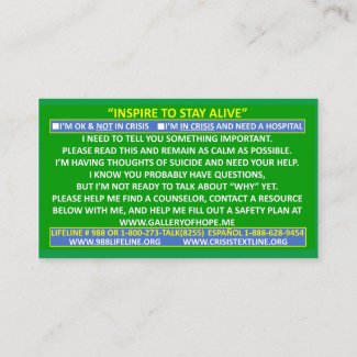 INSPIRE TO STAY ALIVE SUICIDE PREVENTION CARD