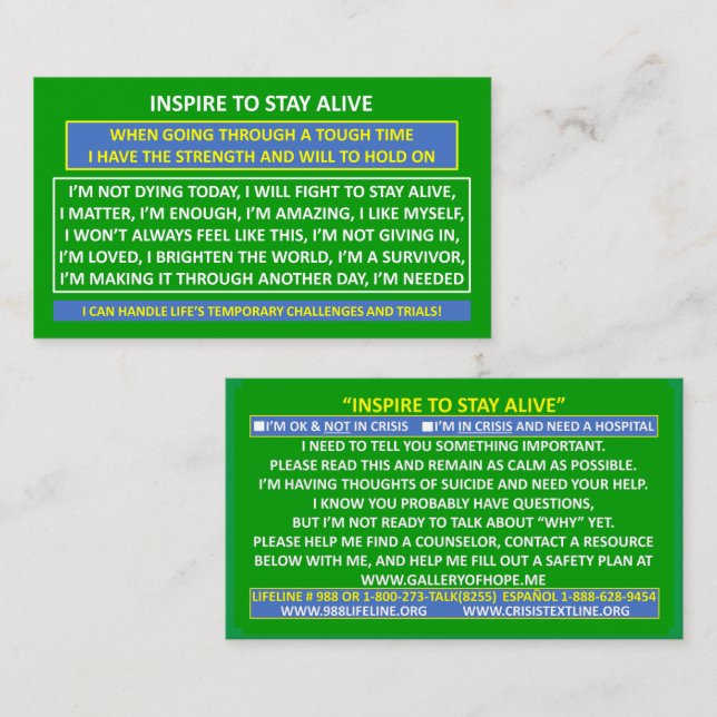 INSPIRE TO STAY ALIVE SUICIDE PREVENTION CARD 2 (Front/Back)